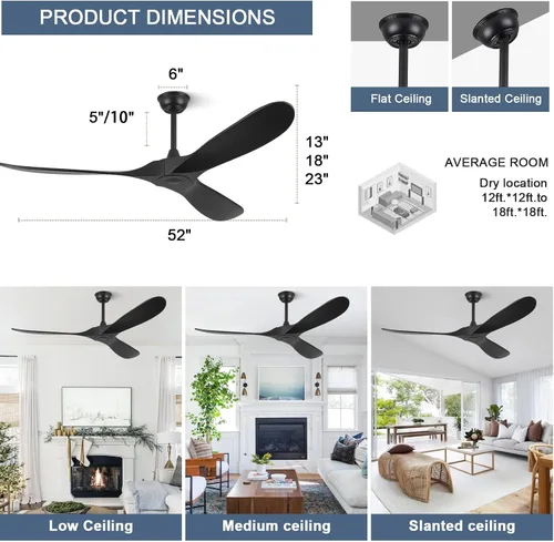 Vista 6 de Ventiladores de techo ABZ sin luces - Ventiladores de techo modernos de 52 pulgadas sin luces con control remoto, ventiladores de techo de 3 aspas