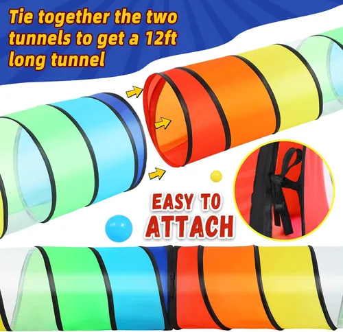 Vista 4 de Moncoland Tienda de campaña de túnel de juego para niños pequeños, paquete de 2 coloridos juguetes de túnel de gateo desplegable para bebés