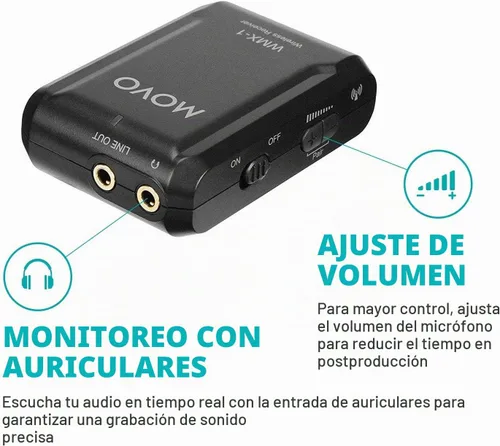 Vista 5 de Movo WMX-1 Sistema de micrófono inalámbrico Lavalier de 2.4 GHz compatible con cámaras DSLR, videocámaras, iPhone, teléfonos inteligentes Android