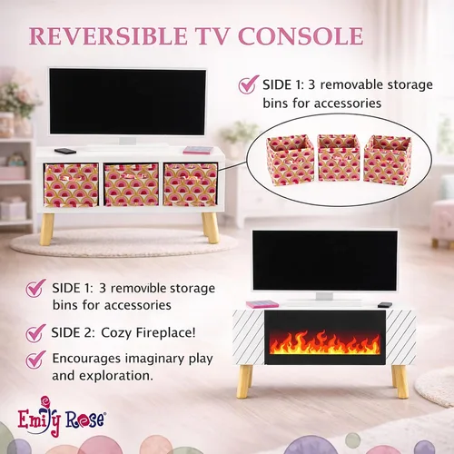 Vista 8 de Emily Rose Juego de muebles de sala de estar de muñeca de 18 pulgadas, sofá modular convertible de madera de 19 piezas con TV, chimenea, cojines