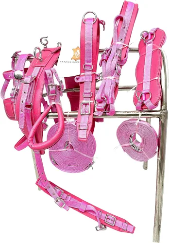 Vista 2 de Arnés de conducción de nailon unisex en color rosa para carro de caballo individual rosa (Cob)