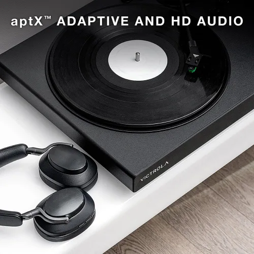 Vista 2 de Victrola Tocadiscos negros de alta resolución: aptX adaptativo, aptX HD, transmisión Bluetooth, salida RCA con cable, brazo de aluminio (negro)