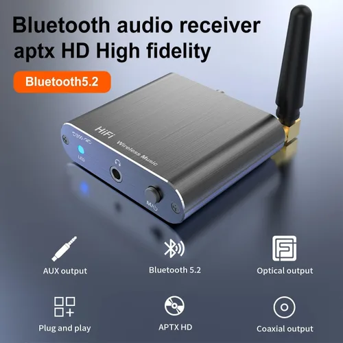 Vista 2 de Adaptador receptor Bluetooth 5.2 para altavoces estéreo para el hogar antiguo, receptor transmisor de audio inalámbrico para auriculares, soporte