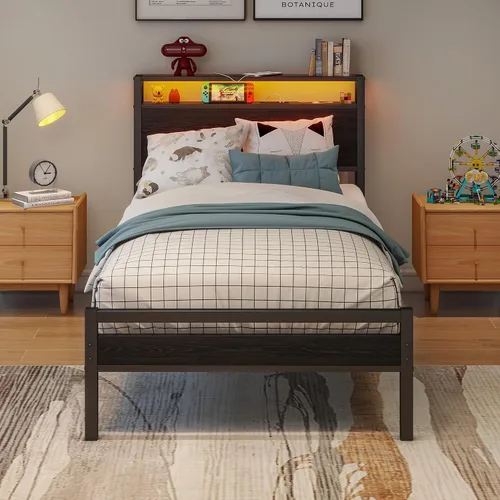 Vista 10 de BOFENG Base de cama Queen con cabecera de almacenamiento, marco de cama de plataforma de metal tamaño Queen con luces LED, estación de carga,