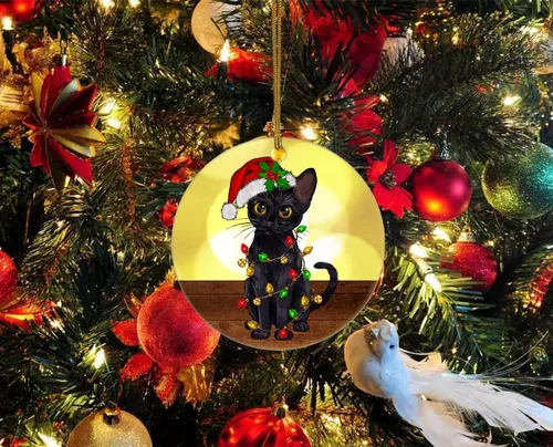 Vista 4 de Bonito adorno de cerámica de gato negro, divertidas decoraciones de Navidad para árbol, adorno colgante de Navidad para amantes de los gatos