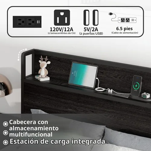 Vista 5 de Cama de Almacenamiento Elevable Tamaño Full, Marco de Cama Plataforma de Madera con Cabecera de Almacenamiento y Estación de Carga, No Necesita Negro