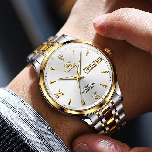 Vista 2 de OLEVS Relojes automáticos para hombre, calendario mecánico, impermeable, de acero inoxidable, luminoso, de cuerda automática, reloj de pulsera