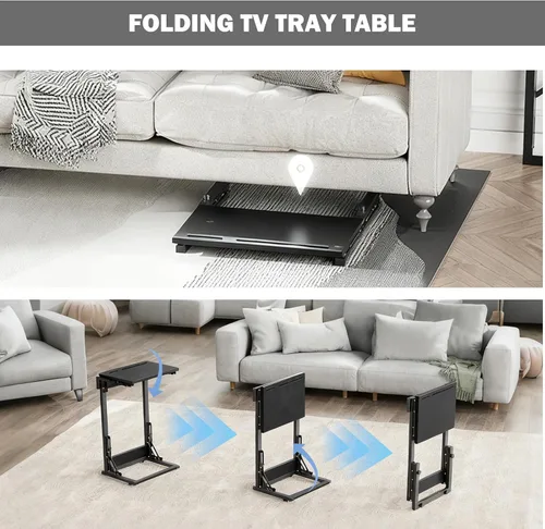 Vista 5 de Mesa plegable para TV, mesa de cena de TV, bandejas de TV de altura ajustable para comer en el sofá, mesa auxiliar en forma de C con ranuras