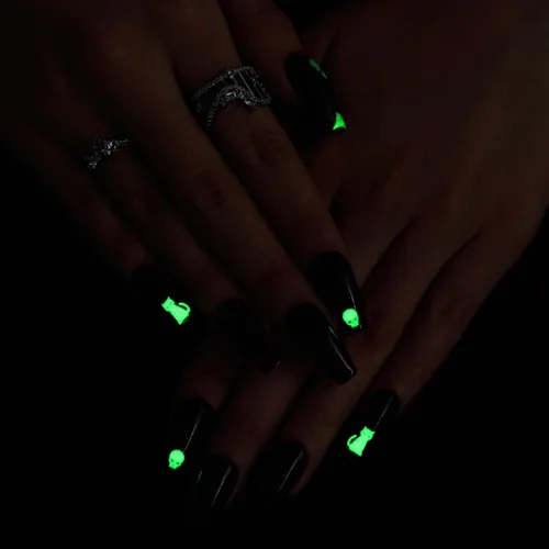 Vista 7 de Luminous GLAMERMAID Winter Press on Nails Conffin, Handmade Gel Fake Nails Long, Gothic Emo Nails with Skull Ghost Design, Cartoon False Nails for