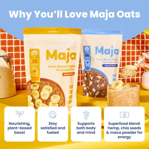 Vista 5 de Maja Avena orgánica durante la noche, avena con proteína de cacao y coco, 4 bolsas de una sola porción, avena vegana y sin gluten, deliciosa avena