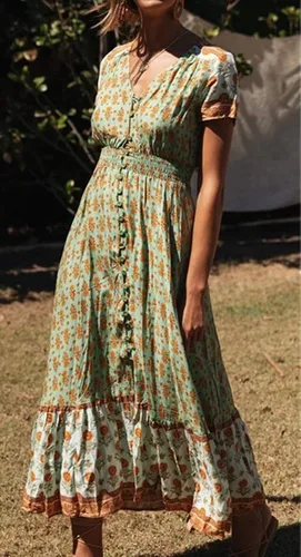Vista 2 de RVIVIMOS Vestido de verano para mujer manga corta algodón estampado con botones bohemio