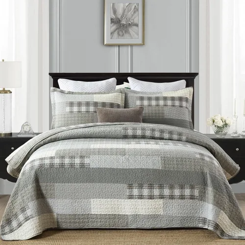 Vista 18 de Y-PLWOMEN Colchas 100% algodón tamaño Queen Farmhouse Plaid 3 piezas ropa de cama Azul y marrón
