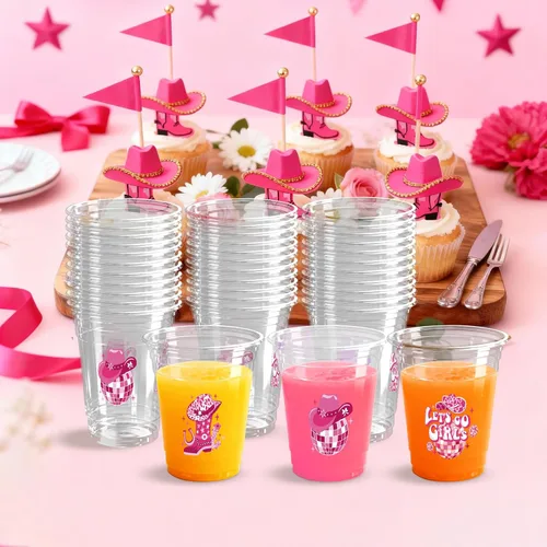 Vista 5 de 100 Piezas Vasos de Plástico Rosa Fiesta Vaquera Occidental 12 OZ Vasos Desechables Disco, Diseños de Sombrero Vaquero, Bota y Bola Disco