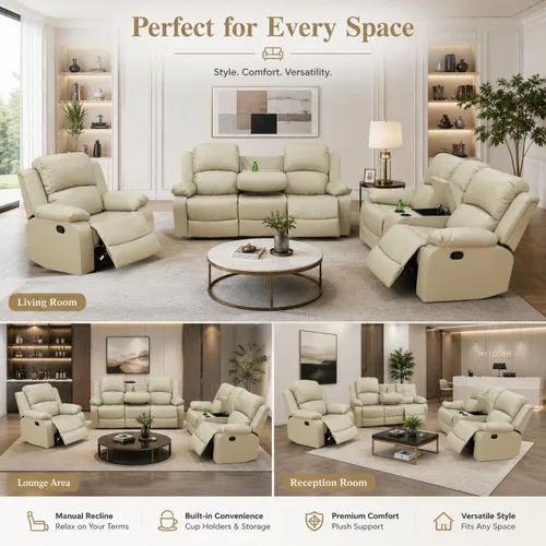 Vista 7 de Juego de sofá reclinable manual de 3 piezas, juego de muebles de sala de estar de tela beige con sofá reclinable de 3 asientos, sofá biplaza