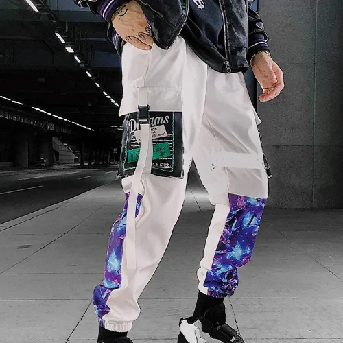 Vista 5 de XYXIONGMAO Pantalones deportivos reflectantes negros para hombre, pantalones deportivos Techwear, hip hop, ropa de calle, pantalones cargo