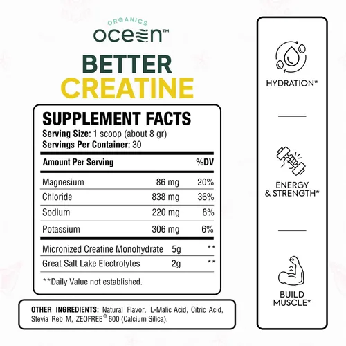 Vista 2 de Organics Ocean Better Creatina Monohidrato en polvo, 30 porciones 0.18 oz de creatina micronizada, 0.07 oz de electrolitos Great Salt Lake, apoyo