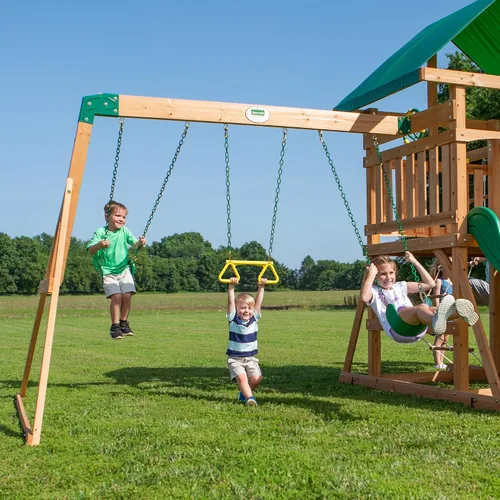 Vista 6 de Backyard Discovery Mount Mckinley - Juego de columpio de madera de cedro con tobogán de olas, plataforma de juego, pared de escalada doble, escalera