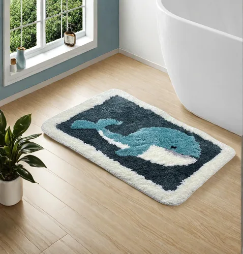 Vista 3 de Alfombra de baño de microfibra con diseño de ballena, alfombra de baño para niños, decoración náutica con peces y océano, antideslizante, suave