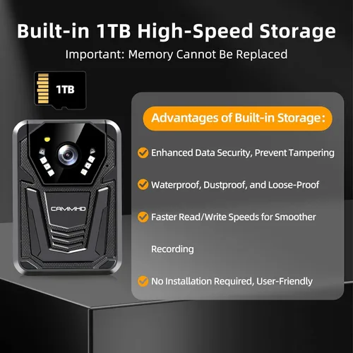 Vista 6 de CAMMHD Cámara corporal F6 1TB 4K, trabajo de 12 a 14 horas y visión nocturna ultra, cámaras corporales impermeables con grabación de audio y video
