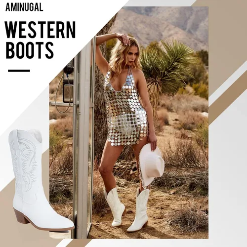 Vista 2 de AMINUGAL Botas vaqueras para mujer, botas vaqueras de media pantorrilla, punta puntiaguda, tacón grueso, bordadas, botas occidentales para mujer