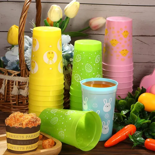 Vista 7 de Meanplan 60 vasos de plástico reutilizables de Pascua, vaso de fiesta de conejo, 12 onzas, tazas de café, café, decoración de Pascua, suministros