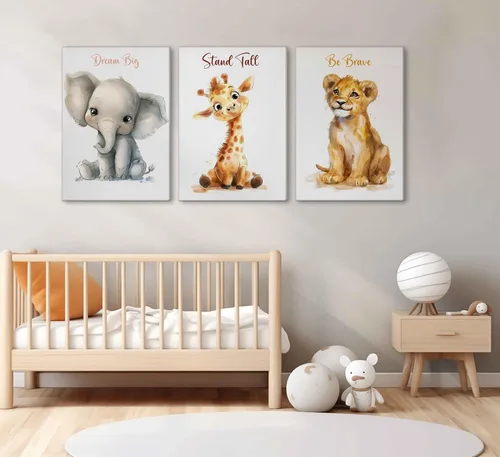 Vista 6 de 3 piezas de lienzo de safari para guardería, arte de pared para niños, lindo animal inspirador, león, jirafa, elefante, pintura, imagen, decoración