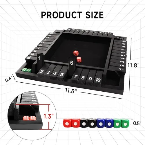 Vista 3 de GSE Games & Sports Expert Juego de mesa de dados de madera para 1-4 jugadores con 8 dados. Juego de mesa de 4 vías 10 numerados Shut The Box