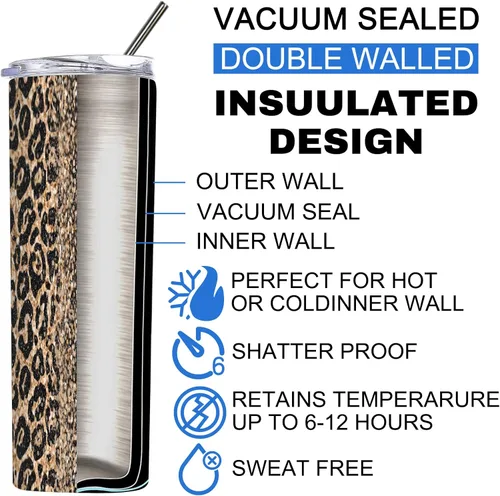 Vista 5 de Vasos personalizados con estampado de leopardo con tapas y pajitas, vasos delgados personalizados de 20 onzas con nombres para mujeres y hombres
