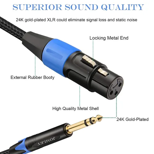 Vista 2 de Cable de micrófono equilibrado TRS hembra XLR a 1/4 de pulgada (0.250 in), trenzado de nailon de 3 pines XLR hembra a cuarto de pulgada TRS macho