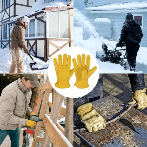Vista 6 de Guantes de trabajo de cuero KKOYING, guantes de cuero cálidos de invierno para hombres y mujeres, guantes de jardinería con resistencia a