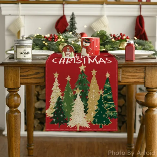 Vista 7 de Artoid Mode Camino de Mesa de Feliz Navidad con Árboles de Navidad y Copos de Nieve Rojos 210 GSM, Decoración de Mesa de Comedor de Cocina