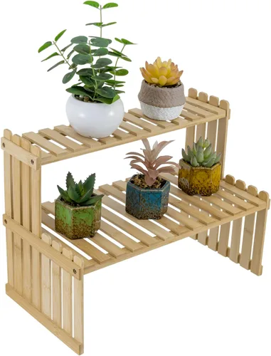 Vista 8 de MyGift Estante de 2 niveles de madera rústica gris oscuro para plantas de escritorio, soporte de maceta estilo granja, organizador de exhibición