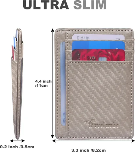 Vista 9 de Travelambo Cartera delgada de cuero minimalista con bolsillo frontal RFID con textura de fibra de carbono, Azul