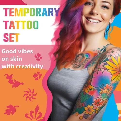Vista 5 de Marcadores temporales de tatuaje para piel, 15 bolígrafos de tatuaje de doble punta + 50 plantillas de pintura + 43 calcomanías de tatuajes, juego