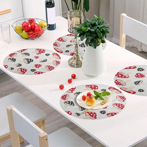 Vista 6 de Stylized Red Black Mushrooms Dinner Table Placemats, Non Slip Placemats Round Washable for Kitchen Table one sizex1