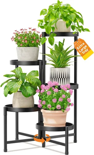 Vista 20 de LASZOLA Soporte plegable para plantas de interior de 7 niveles para múltiples macetas grandes, estante ajustable alto y resistente con bandeja de 10