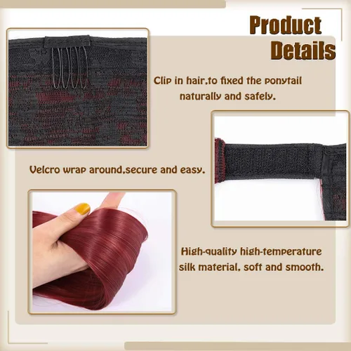 Vista 3 de Gangel Extensión de pelo de cola de caballo roja, colas de caballo rectas, extensiones de cabello sintético con clip, extensiones de cabello largo