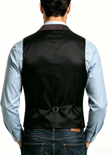 Vista 3 de Hi-Tie Chaleco de lana con solapa de muesca para hombre, chaleco individual marrón (C Brown)