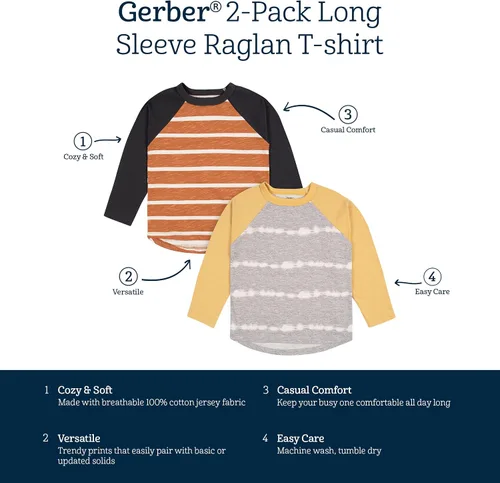 Vista 6 de Gerber Paquete de 2 camisetas de manga larga con bolsillo para bebés y niños pequeños