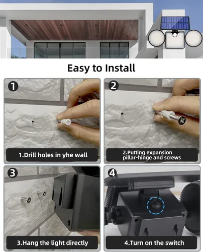 Vista 5 de Luces solares de pared para exteriores, 260 lm, 204 luces LED de inundación, luz LED IP65, 3 cabezales ajustables de iluminación gran angular
