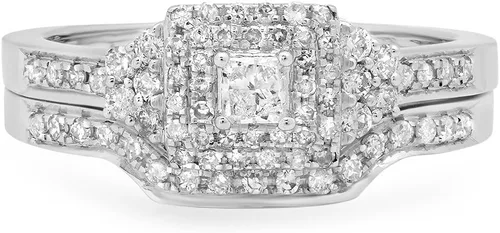 Vista 3 de Dazzlingrock Collection Anillo de compromiso de novia de oro de 14 quilates con diamantes redondos y princesa de 0,55 quilates con banda de 12 CT