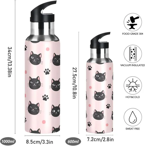 Vista 2 de Cute Black Cat Pink Insulated Water Bottle 32 Oz Leakproof Water Bottles, BPA-Free Sport Water Bottle Insulated