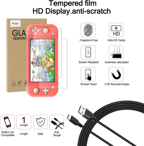 Vista 6 de Switch Lite - Paquete de accesorios, kit con funda de transporte, funda de TPU con protector de pantalla, base de carga, soporte de juego, funda