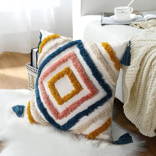 Vista 2 de JASEN Fundas de almohada bohemias, fundas de almohada decorativas tejidas con borlas y patrón de diamantes para sofá, dormitorio, sala de estar, sin