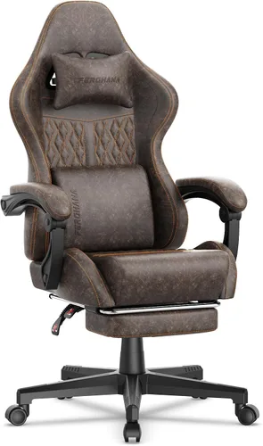 Vista 15 de Ferghana Silla vintage de piel sintética para videojuegos, silla de jugador con respaldo alto con masaje, silla ergonómica de oficina para Negro