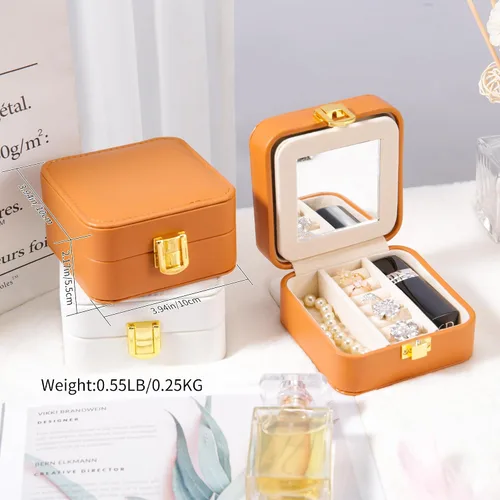 Vista 2 de Direllux Caja organizadora de joyas de viaje de piel sintética, organizador pequeño de joyería de moda con espejo, mini estuche de almacenamiento