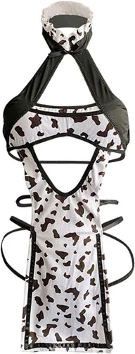 Vista 3 de SNOMYRS Bikini de vaca Cosplay Lencería Traje de criada Kawaii Estampado de vaca Cheongsam con medias