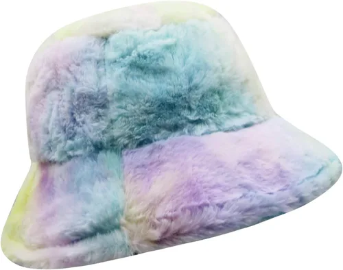 Vista 2 de JUMISEE Sombrero de pescador de piel sintética con teñido anudado para mujer, gorro de invierno cálido y mullido Azul