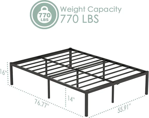 Vista 2 de Weehom Marco de cama de tamaño matrimonial de 16 pulgadas, plataforma de metal, no necesita somier, base de colchón, soporte de listones de acero
