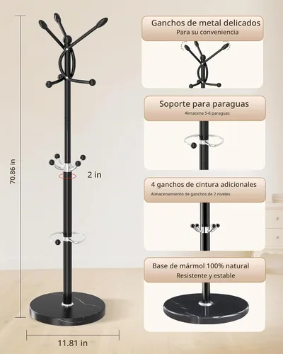 Vista 2 de Perchero de metal con base de mármol natural, perchero con 12 ganchos y soporte para paraguas, perchero moderno negro, perchero para colgar abrigos